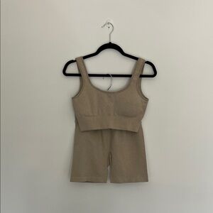 tan ribbed sports bra and shorts workout set, size large